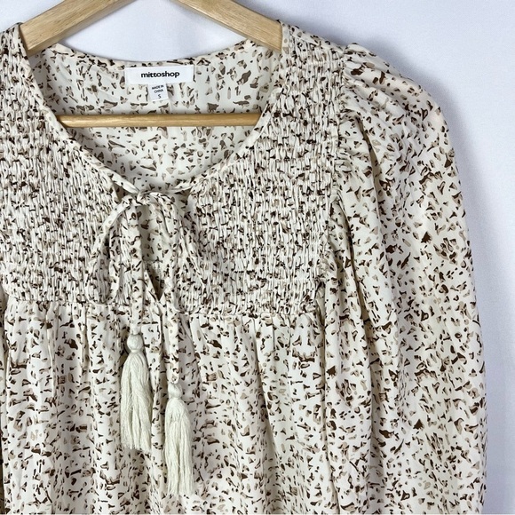 Mittoshop White & Beige Printed Smocked Bust Long Sleeve Blouse S - Picture 3 of 3